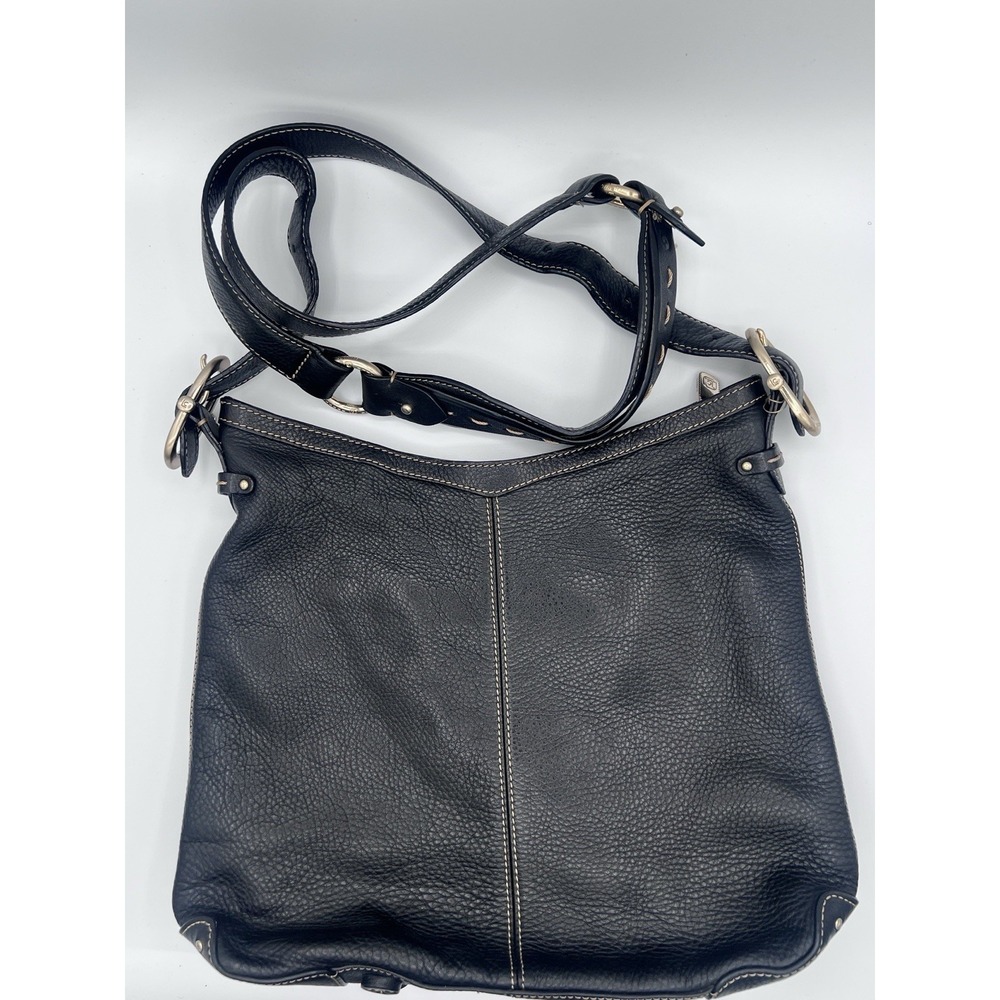 Liz Claiborne Black Pebble Leather Adjustable Strap Bag w/ Contrast Stiching